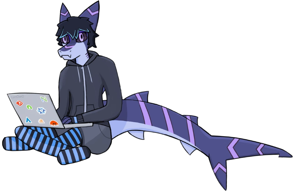 my shark fursona ray sitting with programming socks on and a laptop